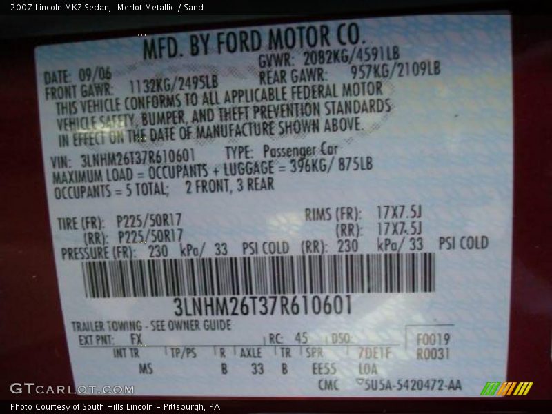 Merlot Metallic / Sand 2007 Lincoln MKZ Sedan