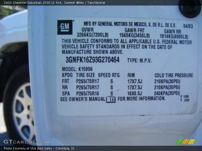 Summit White / Tan/Neutral 2003 Chevrolet Suburban 1500 LS 4x4