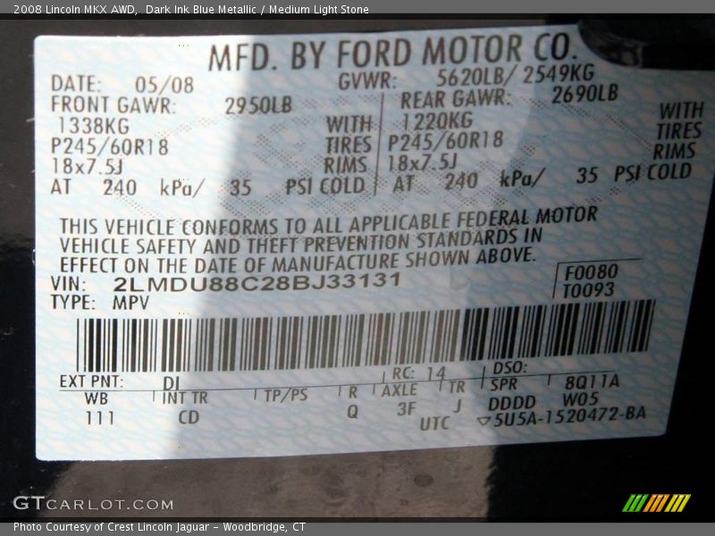 Dark Ink Blue Metallic / Medium Light Stone 2008 Lincoln MKX AWD
