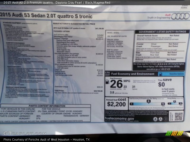  2015 A3 2.0 Premium quattro Window Sticker