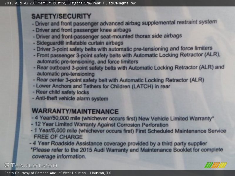  2015 A3 2.0 Premium quattro Window Sticker