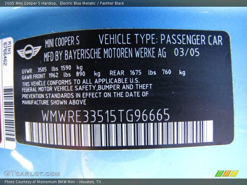 Electric Blue Metallic / Panther Black 2005 Mini Cooper S Hardtop