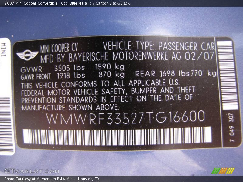Cool Blue Metallic / Carbon Black/Black 2007 Mini Cooper Convertible