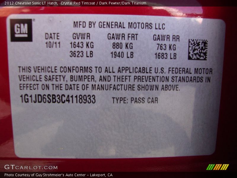 Crystal Red Tintcoat / Dark Pewter/Dark Titanium 2012 Chevrolet Sonic LT Hatch