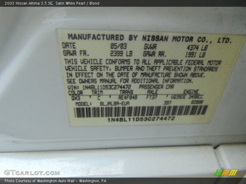 Satin White Pearl / Blond 2003 Nissan Altima 3.5 SE