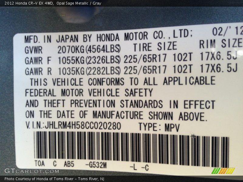 Opal Sage Metallic / Gray 2012 Honda CR-V EX 4WD