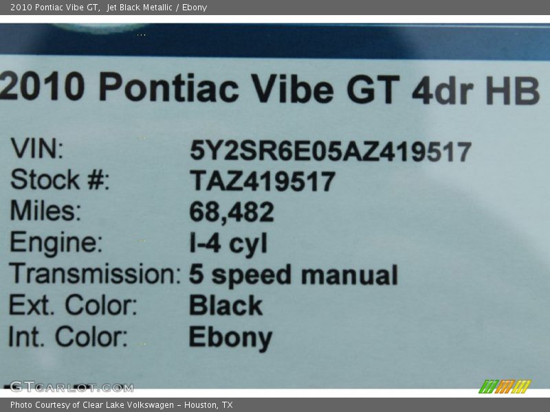 Jet Black Metallic / Ebony 2010 Pontiac Vibe GT