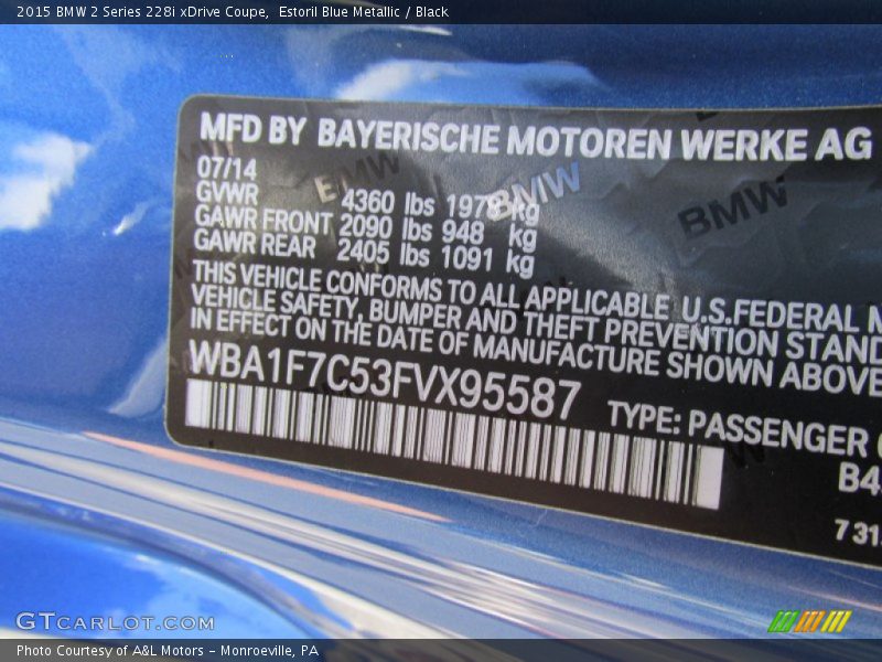 Estoril Blue Metallic / Black 2015 BMW 2 Series 228i xDrive Coupe