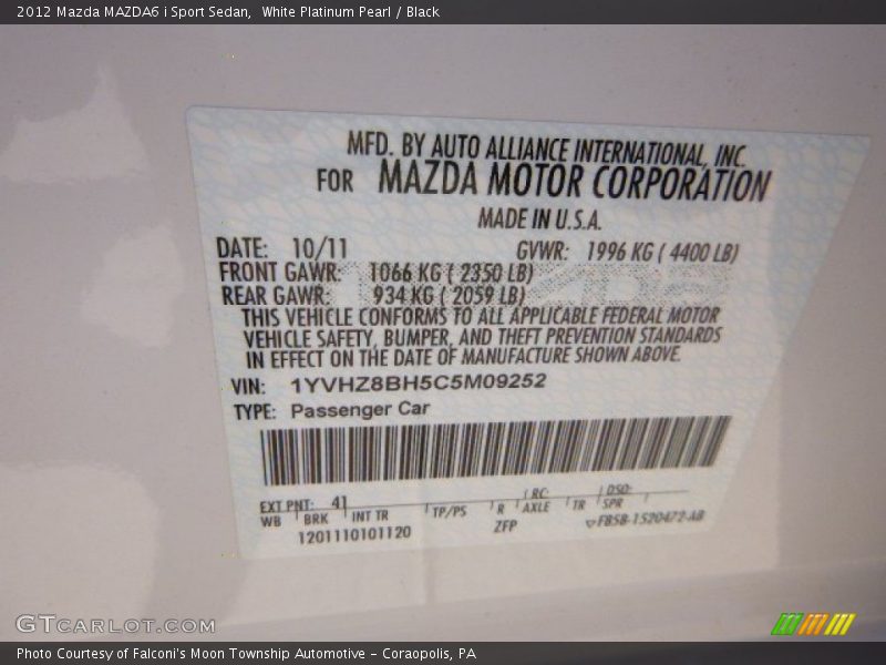 White Platinum Pearl / Black 2012 Mazda MAZDA6 i Sport Sedan