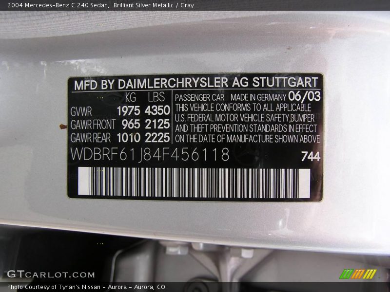 Brilliant Silver Metallic / Gray 2004 Mercedes-Benz C 240 Sedan