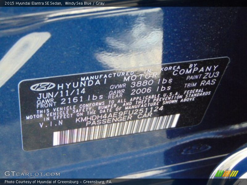 Windy Sea Blue / Gray 2015 Hyundai Elantra SE Sedan