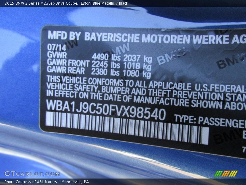Estoril Blue Metallic / Black 2015 BMW 2 Series M235i xDrive Coupe