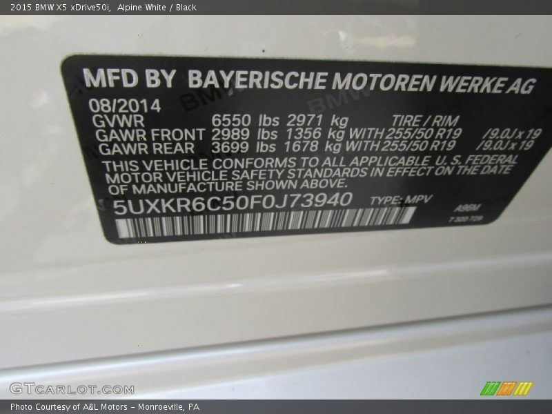 Alpine White / Black 2015 BMW X5 xDrive50i