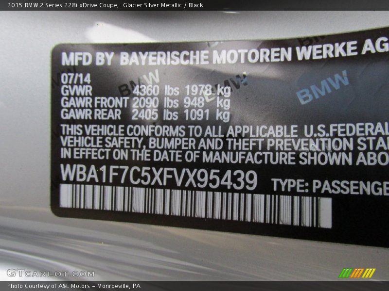 Glacier Silver Metallic / Black 2015 BMW 2 Series 228i xDrive Coupe