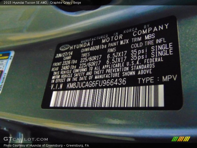 Graphite Gray / Beige 2015 Hyundai Tucson SE AWD
