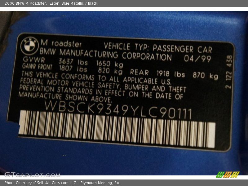 Estoril Blue Metallic / Black 2000 BMW M Roadster