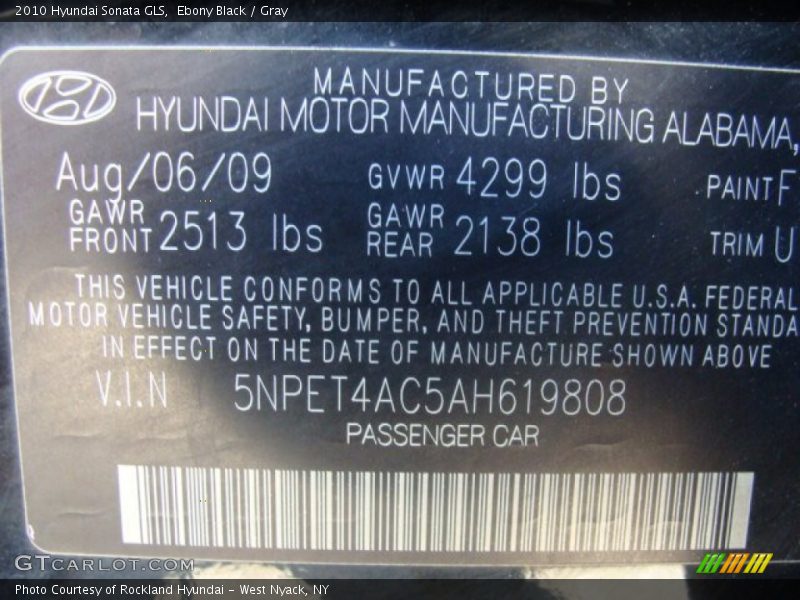 Ebony Black / Gray 2010 Hyundai Sonata GLS