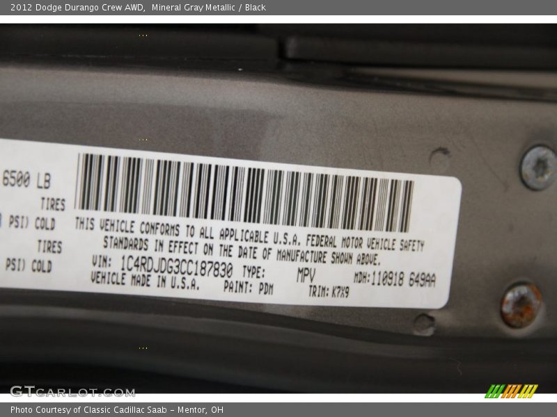 Mineral Gray Metallic / Black 2012 Dodge Durango Crew AWD