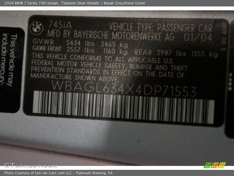 Titanium Silver Metallic / Basalt Grey/Stone Green 2004 BMW 7 Series 745i Sedan