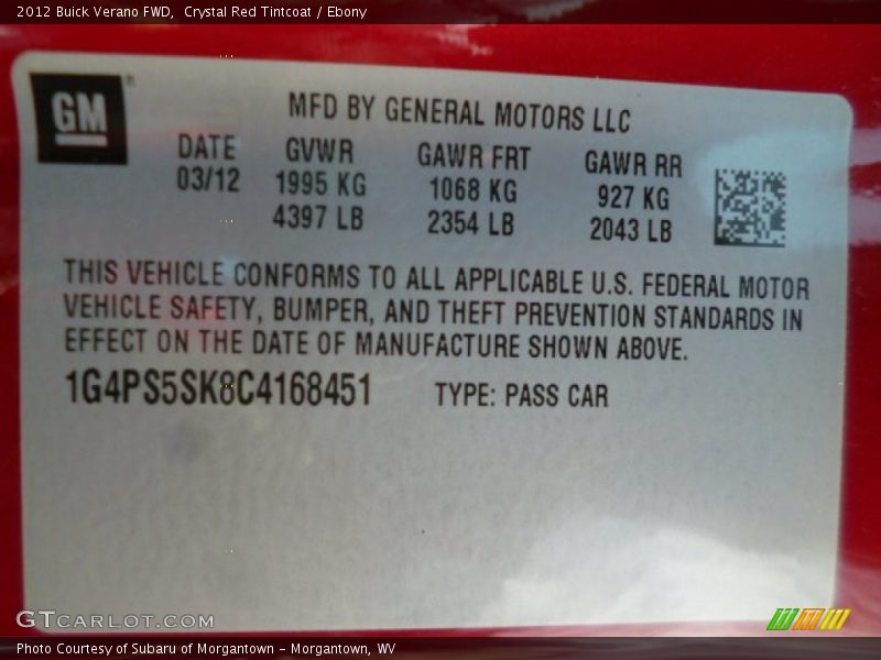 Crystal Red Tintcoat / Ebony 2012 Buick Verano FWD
