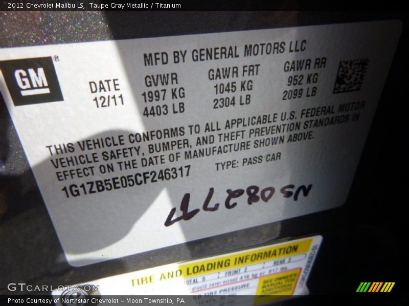 Taupe Gray Metallic / Titanium 2012 Chevrolet Malibu LS