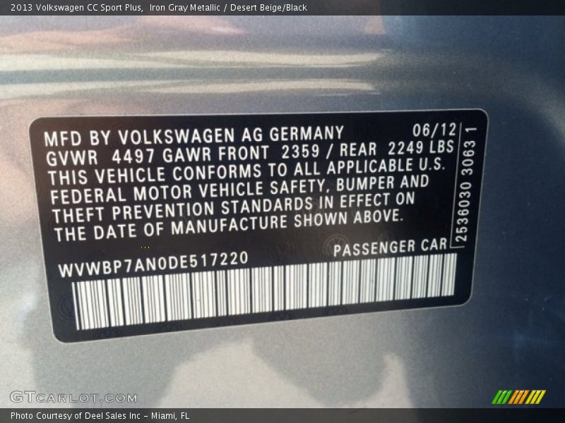 Iron Gray Metallic / Desert Beige/Black 2013 Volkswagen CC Sport Plus