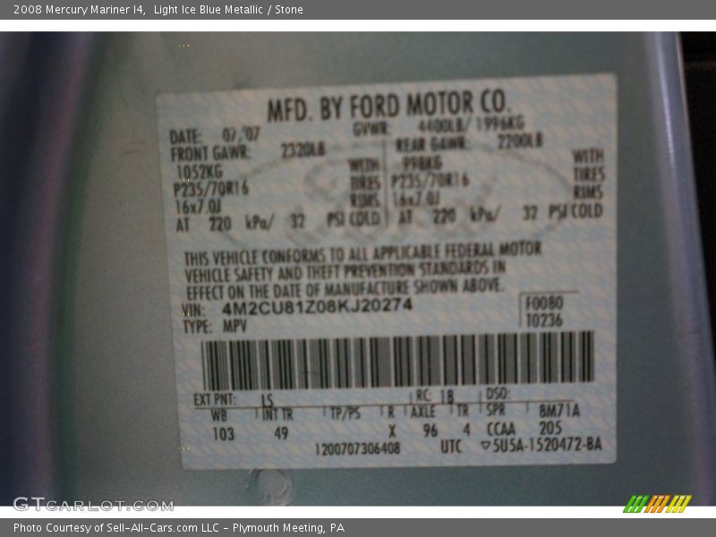 Light Ice Blue Metallic / Stone 2008 Mercury Mariner I4