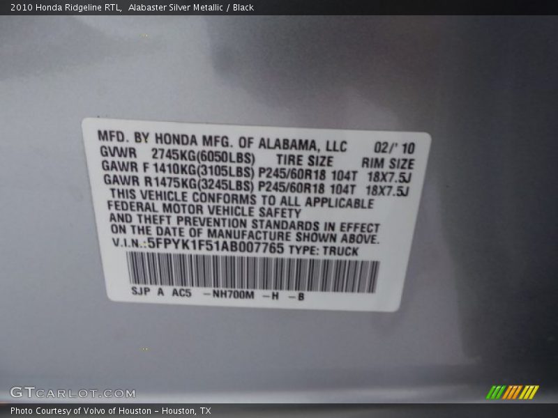 Alabaster Silver Metallic / Black 2010 Honda Ridgeline RTL