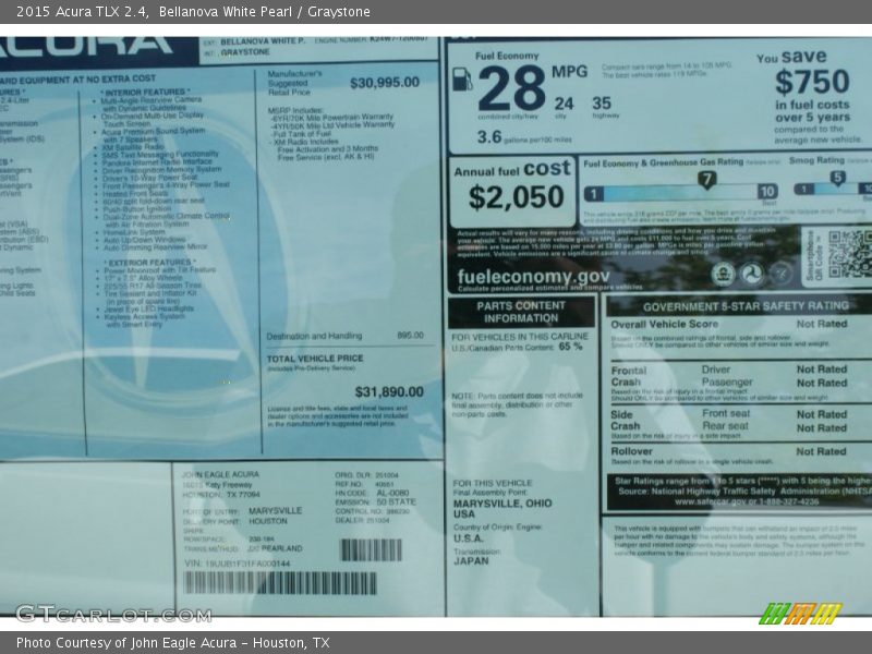 Bellanova White Pearl / Graystone 2015 Acura TLX 2.4