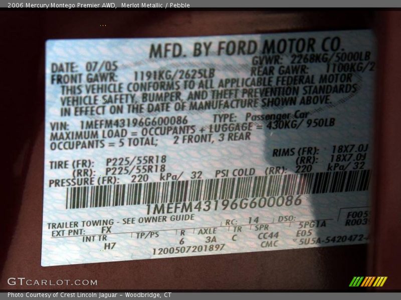 Merlot Metallic / Pebble 2006 Mercury Montego Premier AWD