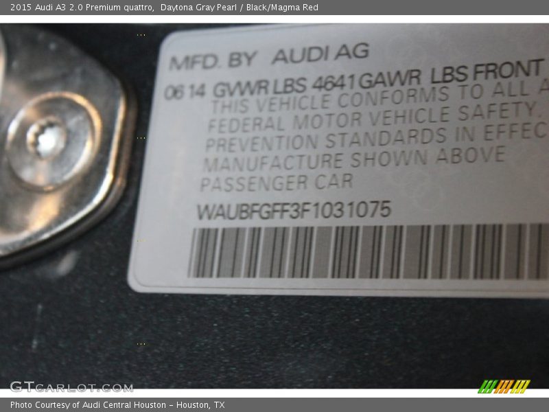 Daytona Gray Pearl / Black/Magma Red 2015 Audi A3 2.0 Premium quattro