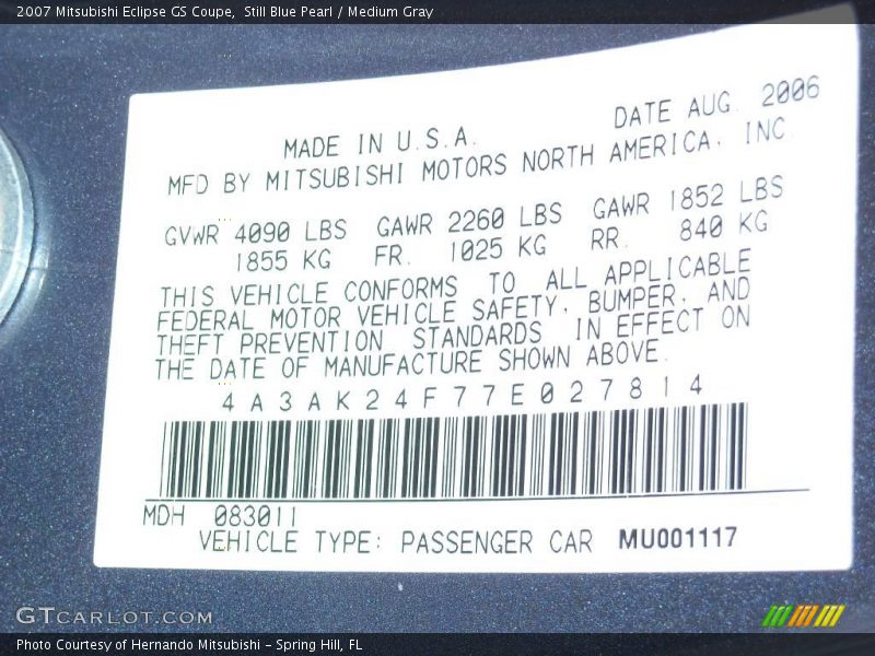Still Blue Pearl / Medium Gray 2007 Mitsubishi Eclipse GS Coupe