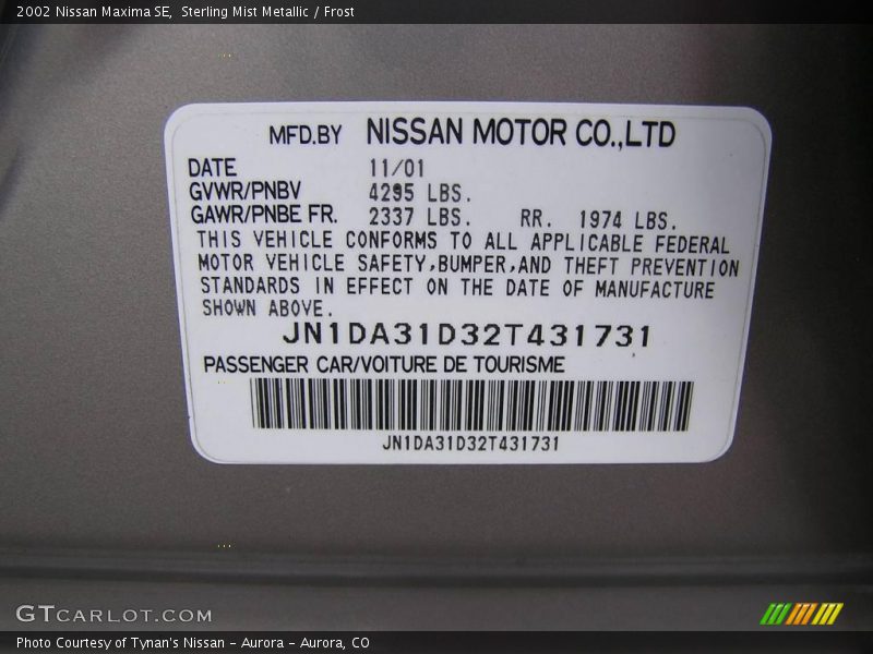 Sterling Mist Metallic / Frost 2002 Nissan Maxima SE