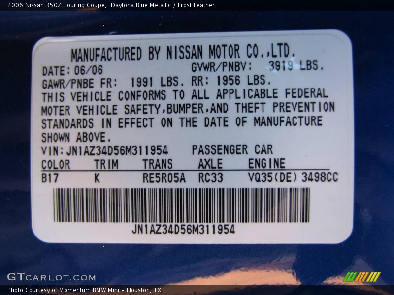 Daytona Blue Metallic / Frost Leather 2006 Nissan 350Z Touring Coupe