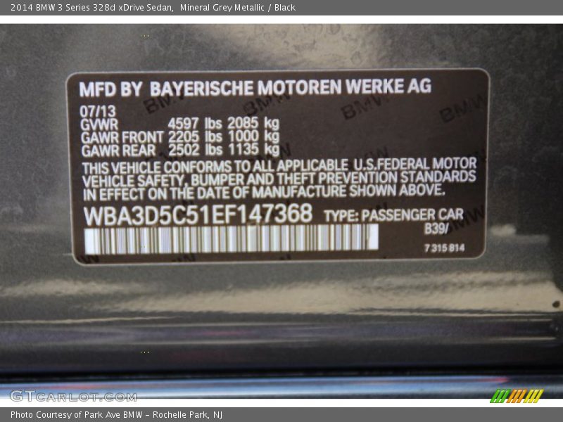Mineral Grey Metallic / Black 2014 BMW 3 Series 328d xDrive Sedan