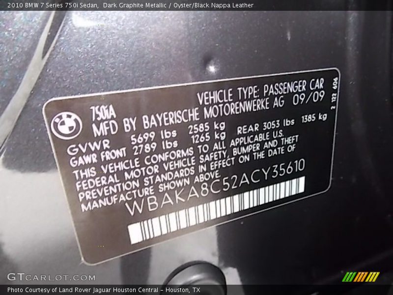 Dark Graphite Metallic / Oyster/Black Nappa Leather 2010 BMW 7 Series 750i Sedan