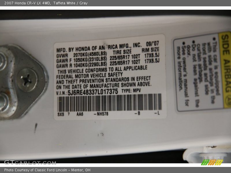 2007 CR-V LX 4WD Taffeta White Color Code NH578