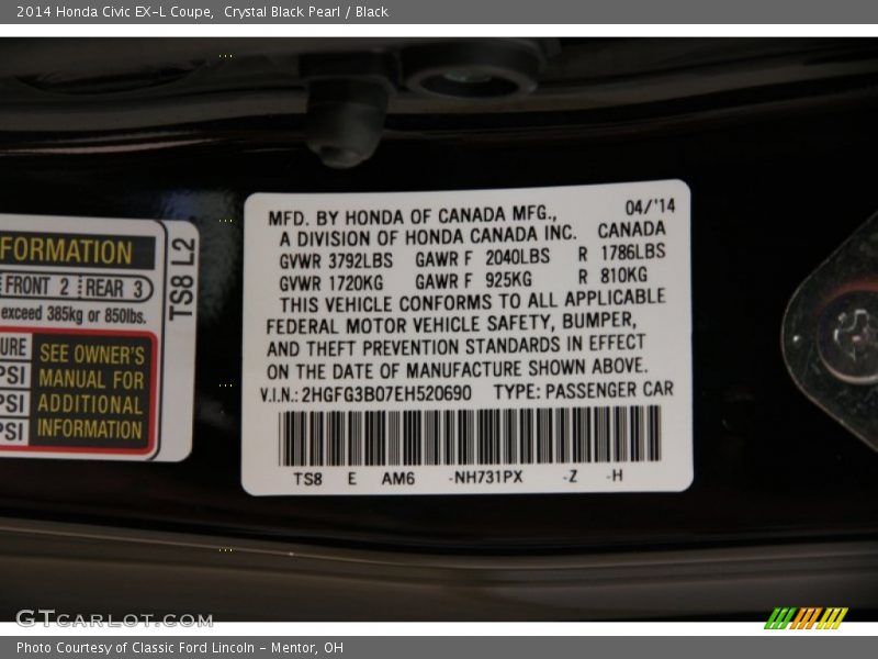 Crystal Black Pearl / Black 2014 Honda Civic EX-L Coupe