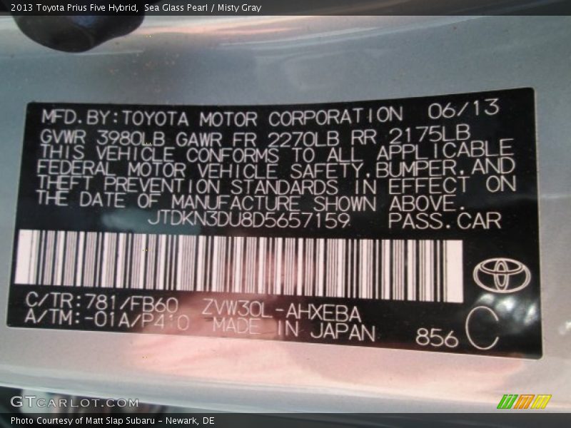 Sea Glass Pearl / Misty Gray 2013 Toyota Prius Five Hybrid