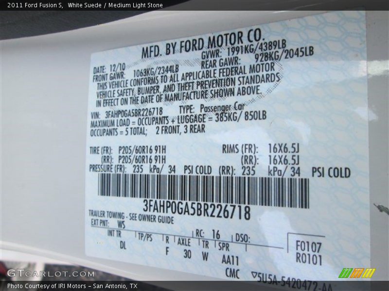 White Suede / Medium Light Stone 2011 Ford Fusion S