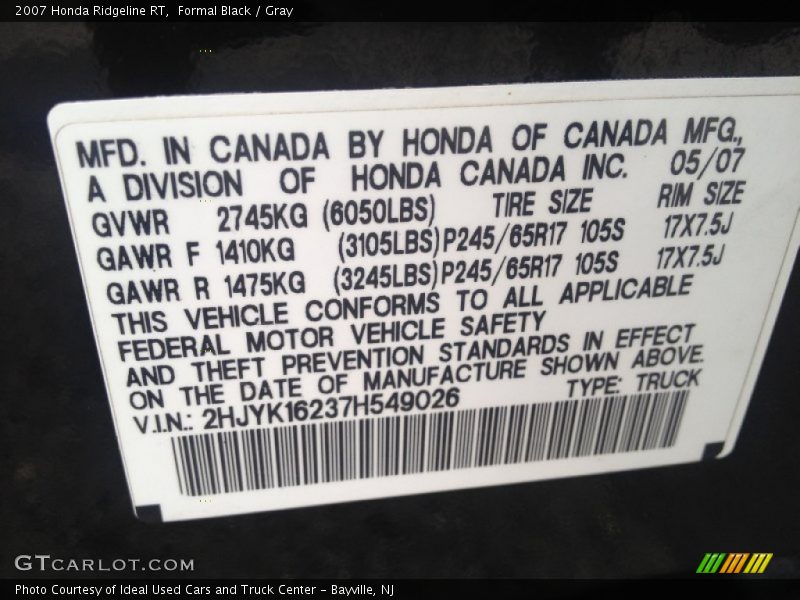 Formal Black / Gray 2007 Honda Ridgeline RT
