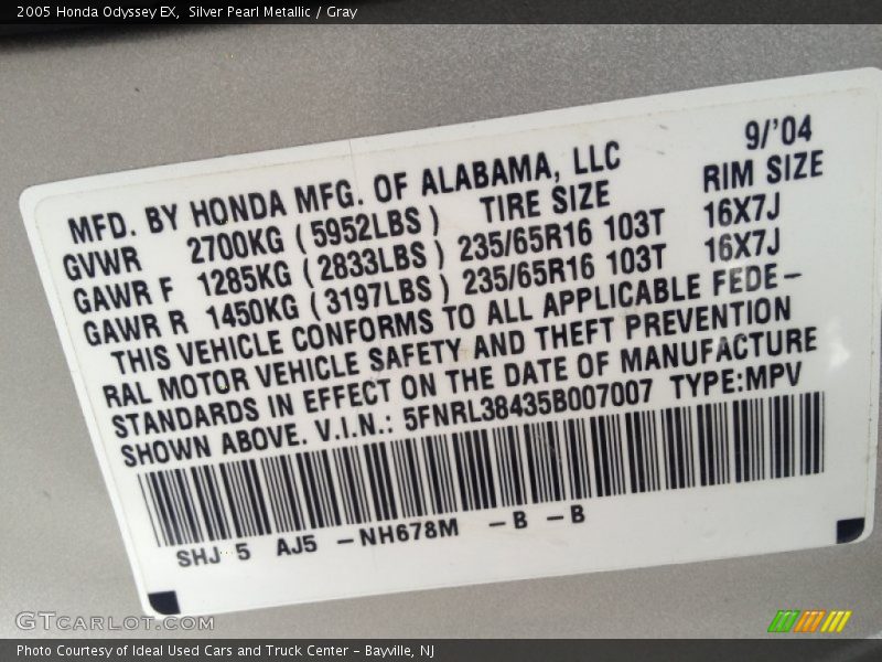 Silver Pearl Metallic / Gray 2005 Honda Odyssey EX