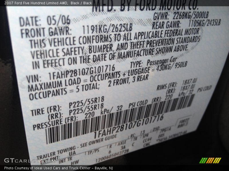Black / Black 2007 Ford Five Hundred Limited AWD