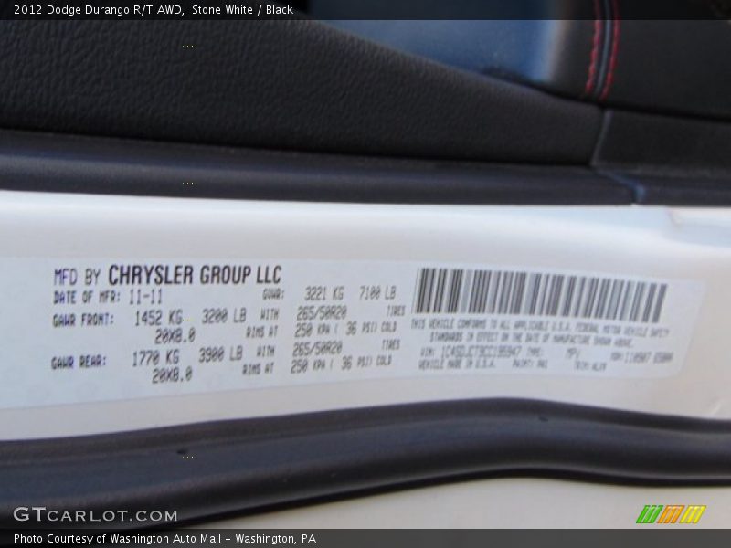 Stone White / Black 2012 Dodge Durango R/T AWD