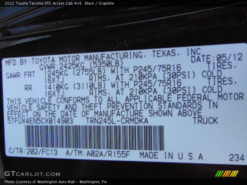 Black / Graphite 2012 Toyota Tacoma SR5 Access Cab 4x4
