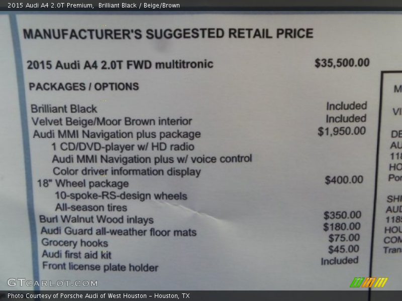 Brilliant Black / Beige/Brown 2015 Audi A4 2.0T Premium