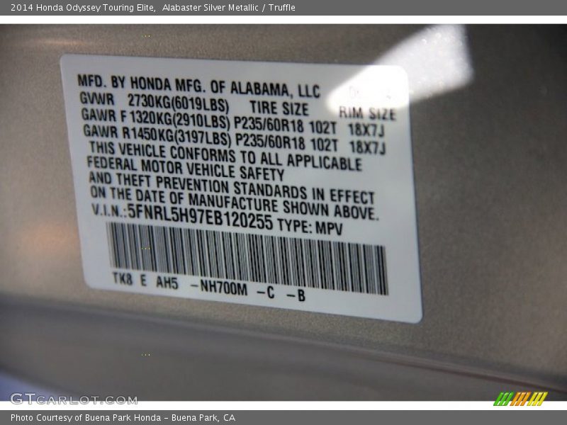 Alabaster Silver Metallic / Truffle 2014 Honda Odyssey Touring Elite