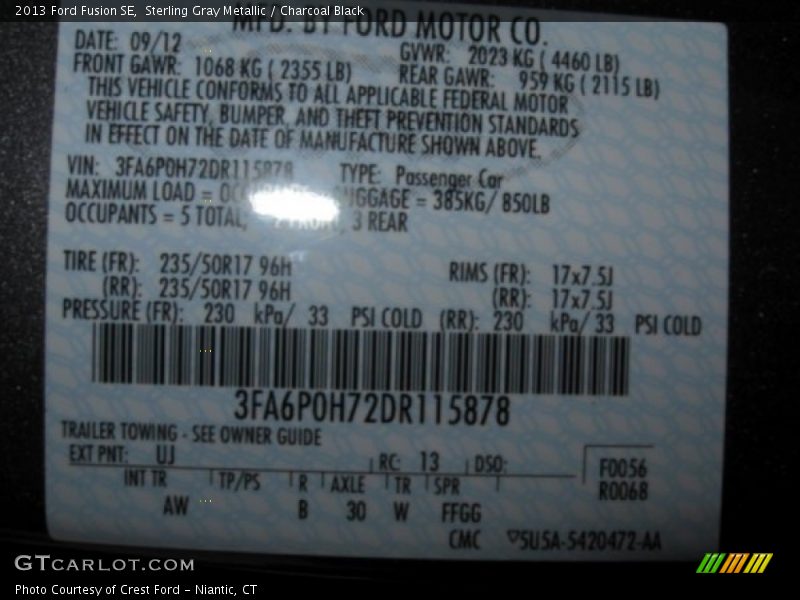 Sterling Gray Metallic / Charcoal Black 2013 Ford Fusion SE