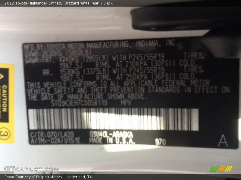 Blizzard White Pearl / Black 2012 Toyota Highlander Limited