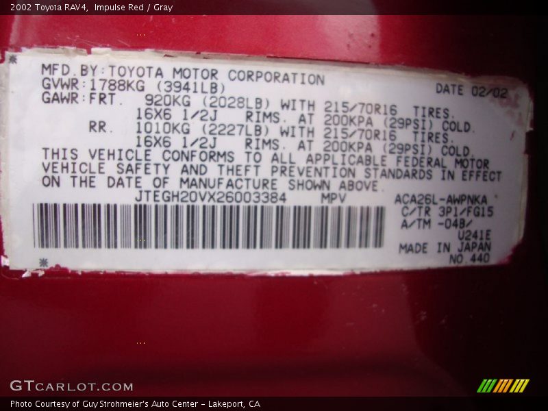 Impulse Red / Gray 2002 Toyota RAV4
